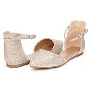 Pale Gold Pointed Toe Flats w/ Ankle Strap